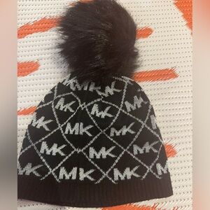 Michael Kors Black and Gray Knit Hat with Pom Pom